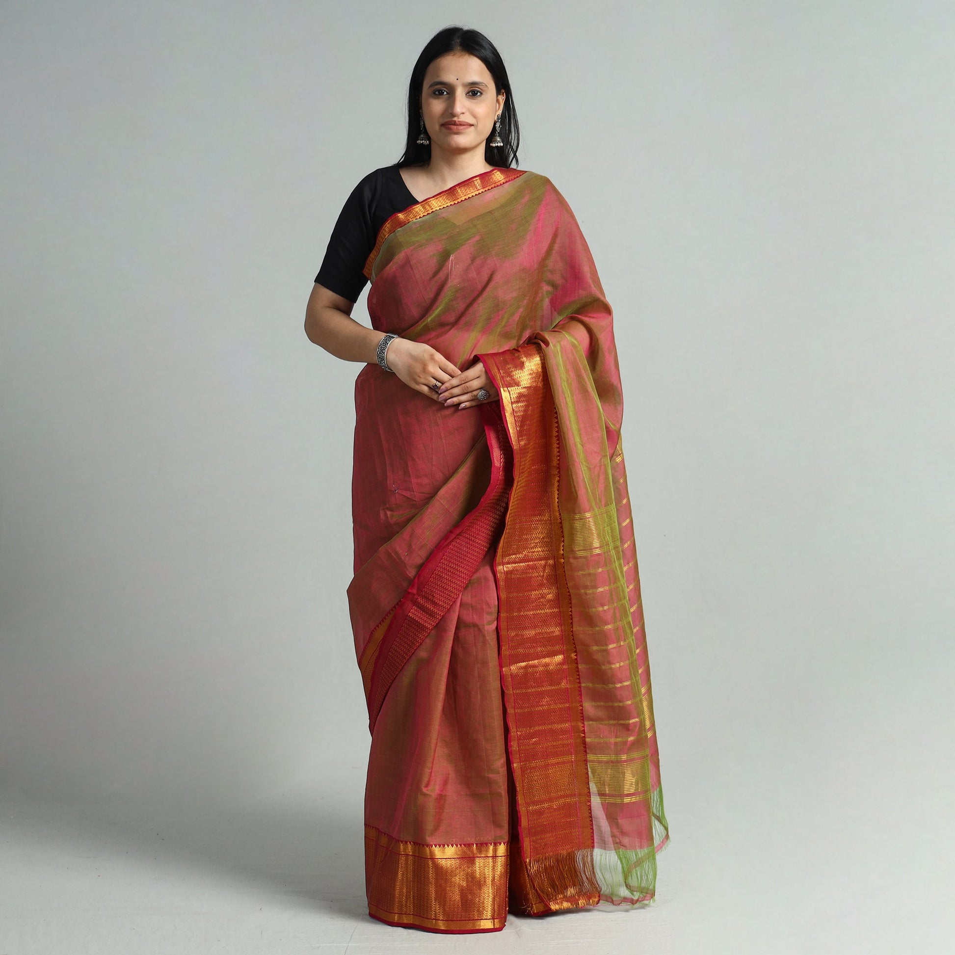 Brown - Mangalagiri Handloom Silk Cotton Saree with Zari Border 124