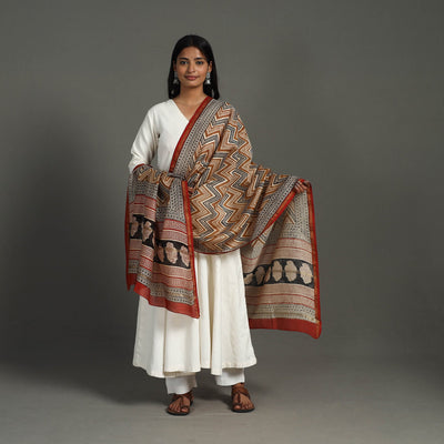 Brown - Block Print Chanderi Silk Bagru Dupatta 15