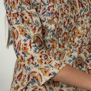 Beige - Kalamkari Hand Block Printed Mul Cotton Pintuck A-Line Kurta 01