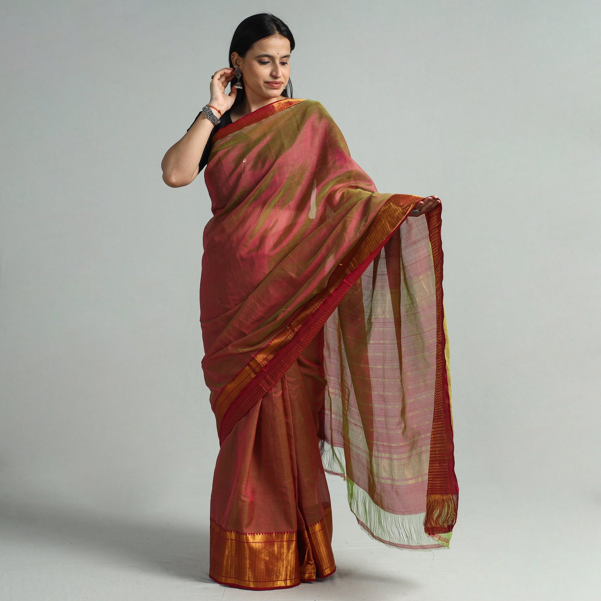 Brown - Mangalagiri Handloom Silk Cotton Saree with Zari Border 124