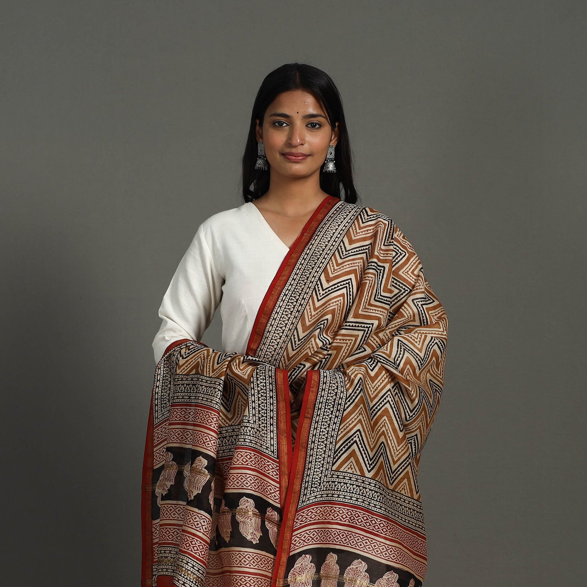 Brown - Block Print Chanderi Silk Bagru Dupatta 15