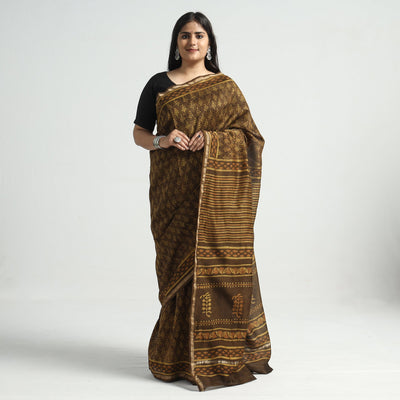 Brown - Akola Hand Block Printed Chanderi Silk Saree with Zari Border