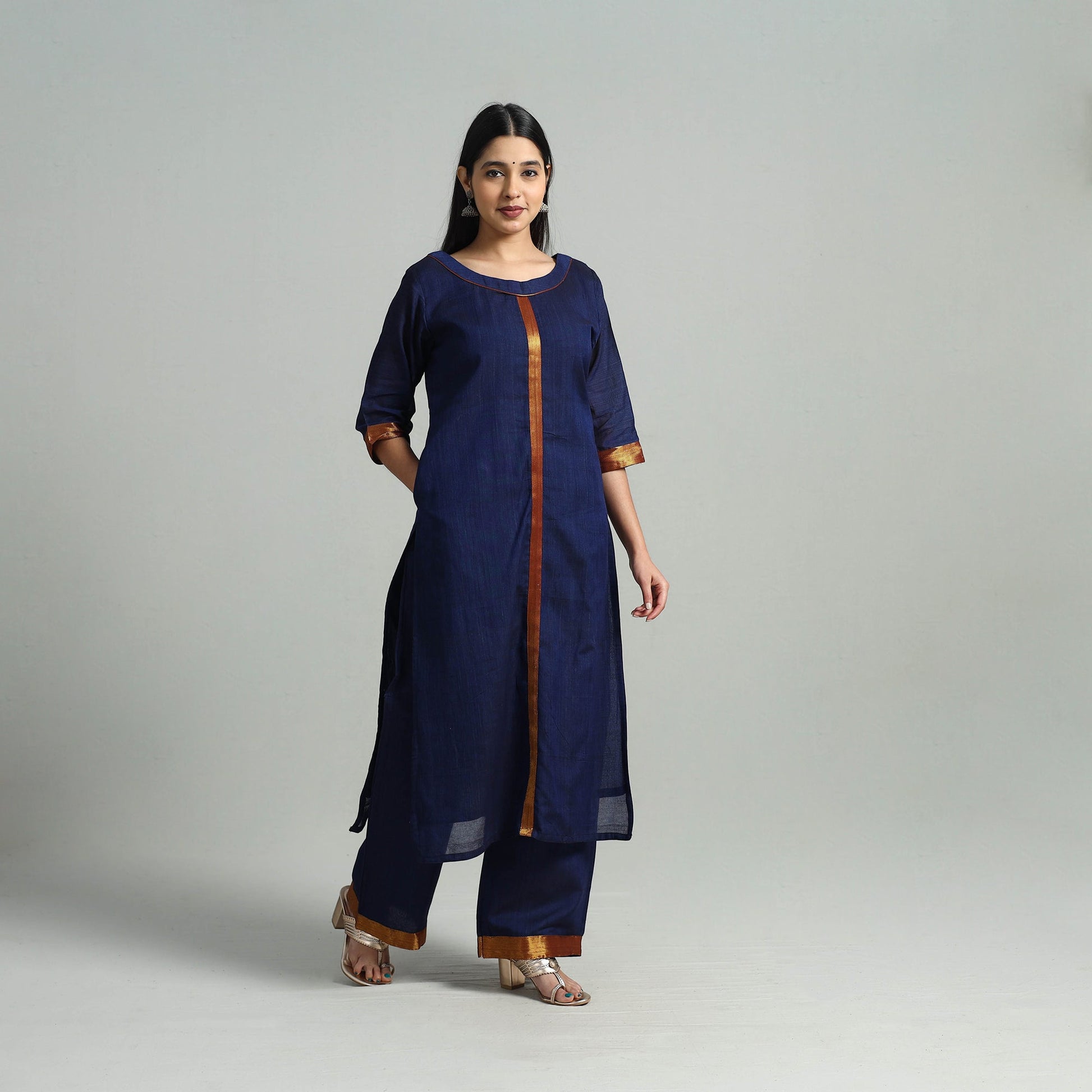 Blue - Cotton Dharwad Kurta Set with Palazzo & Dupatta 11