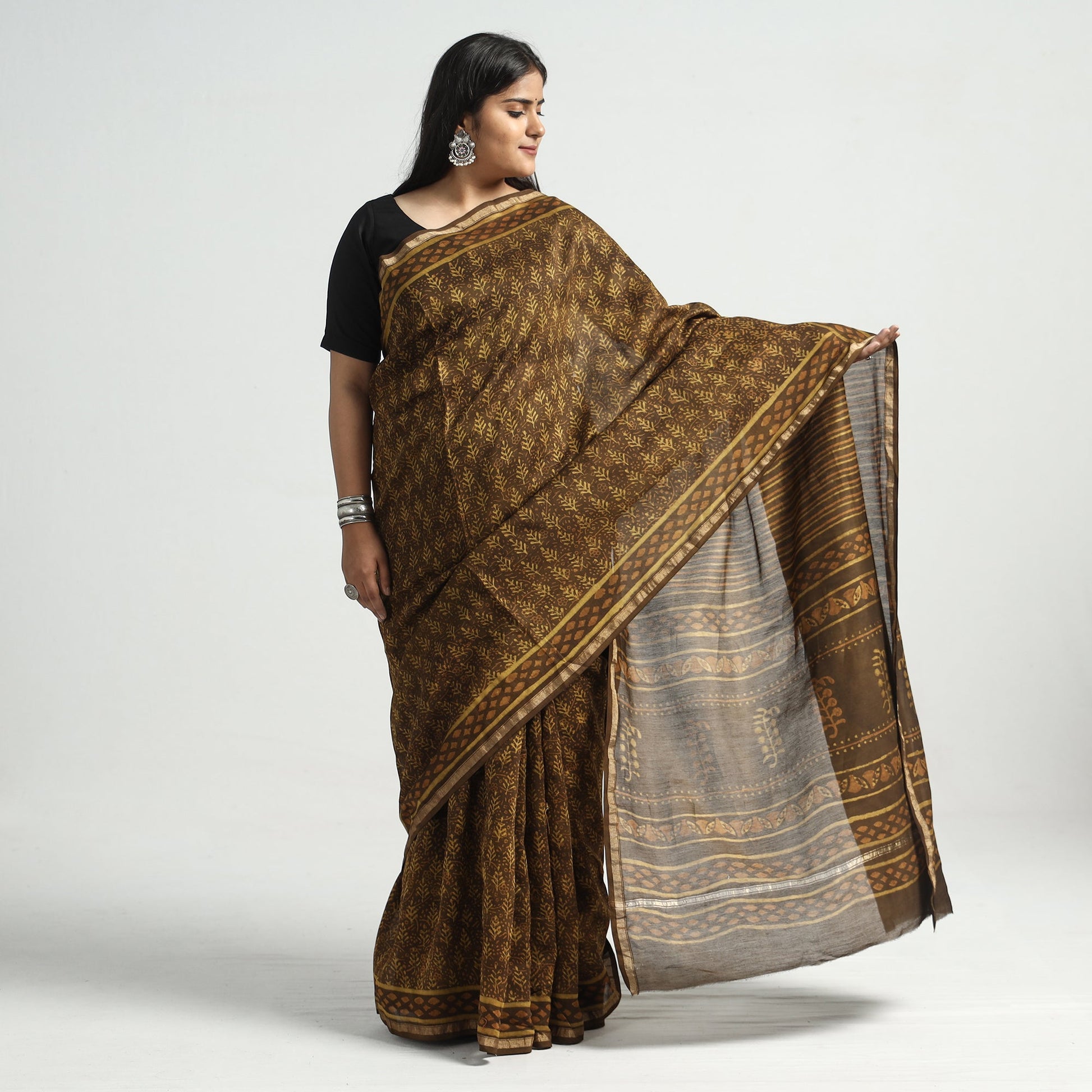 Brown - Akola Hand Block Printed Chanderi Silk Saree with Zari Border