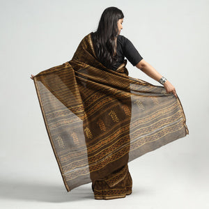 Brown - Akola Hand Block Printed Chanderi Silk Saree with Zari Border