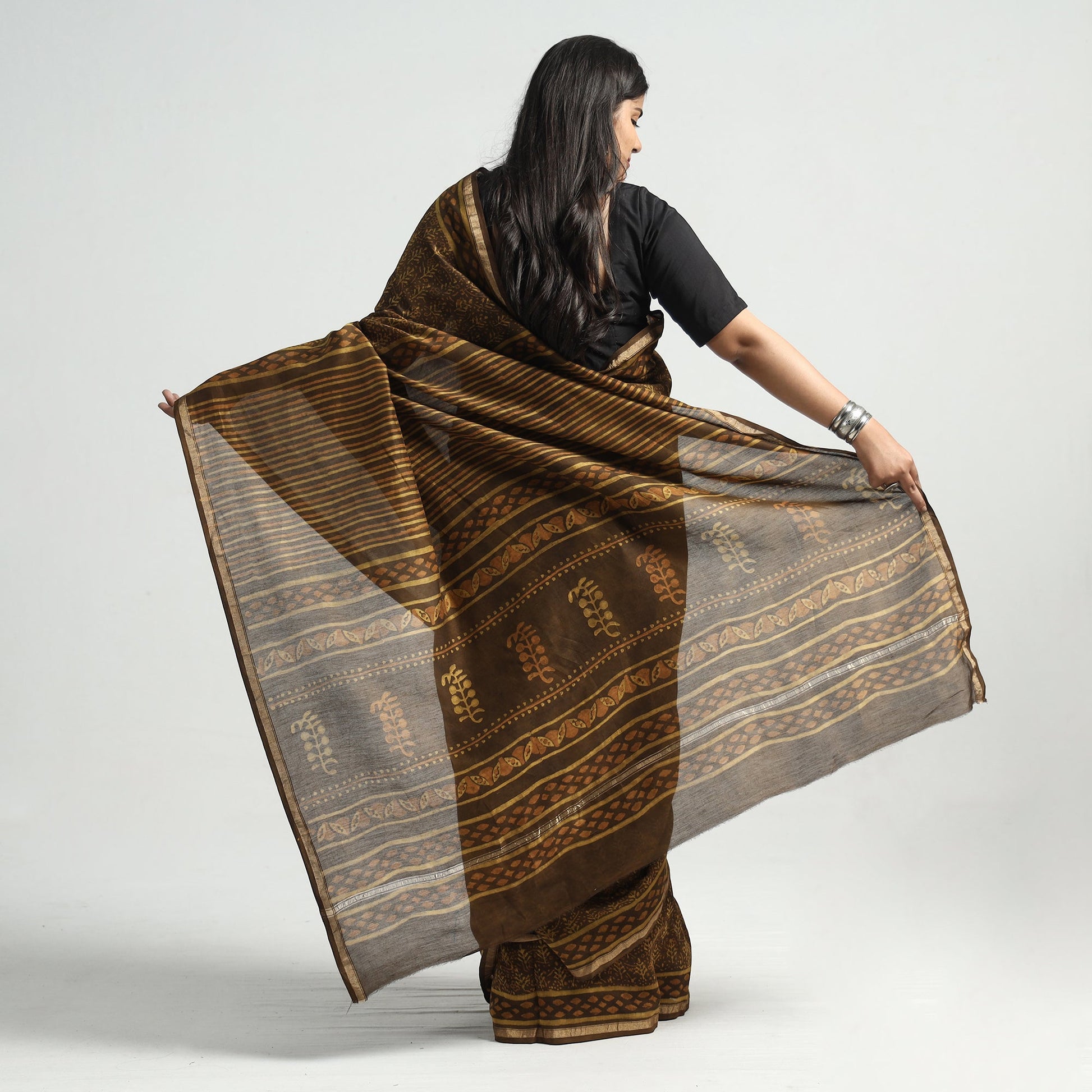 Brown - Akola Hand Block Printed Chanderi Silk Saree with Zari Border