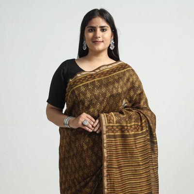 Brown - Akola Hand Block Printed Chanderi Silk Saree with Zari Border