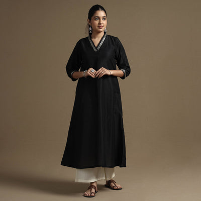 Black - Plain Solid Slub Silk A-Line Kurta with Beadwork Hand Embroidery Lace