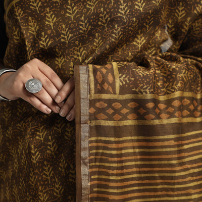 Brown - Akola Hand Block Printed Chanderi Silk Saree with Zari Border