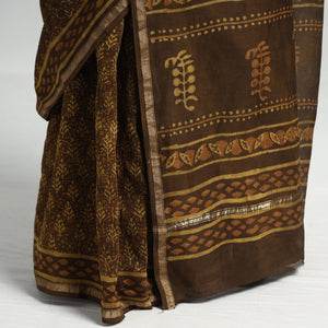 Brown - Akola Hand Block Printed Chanderi Silk Saree with Zari Border