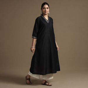 Black - Plain Solid Slub Silk A-Line Kurta with Beadwork Hand Embroidery Lace