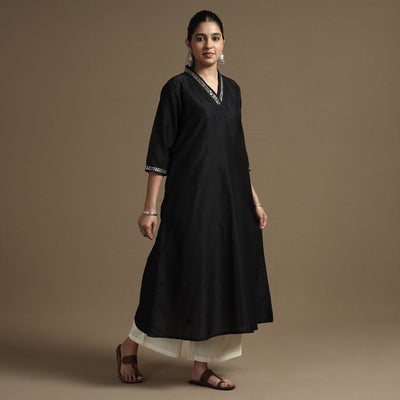 Black - Plain Solid Slub Silk A-Line Kurta with Beadwork Hand Embroidery Lace