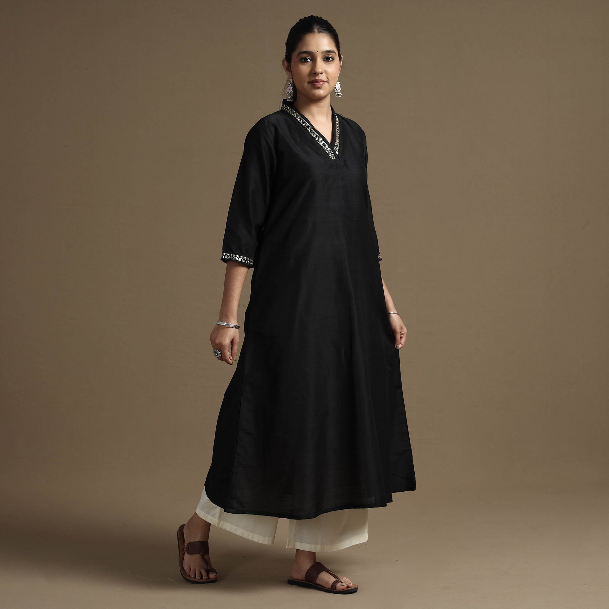 Black - Plain Solid Slub Silk A-Line Kurta with Beadwork Hand Embroidery Lace