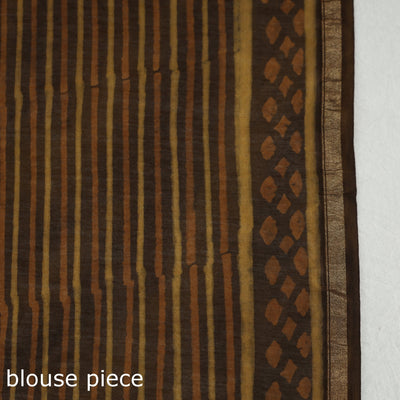 Brown - Akola Hand Block Printed Chanderi Silk Saree with Zari Border