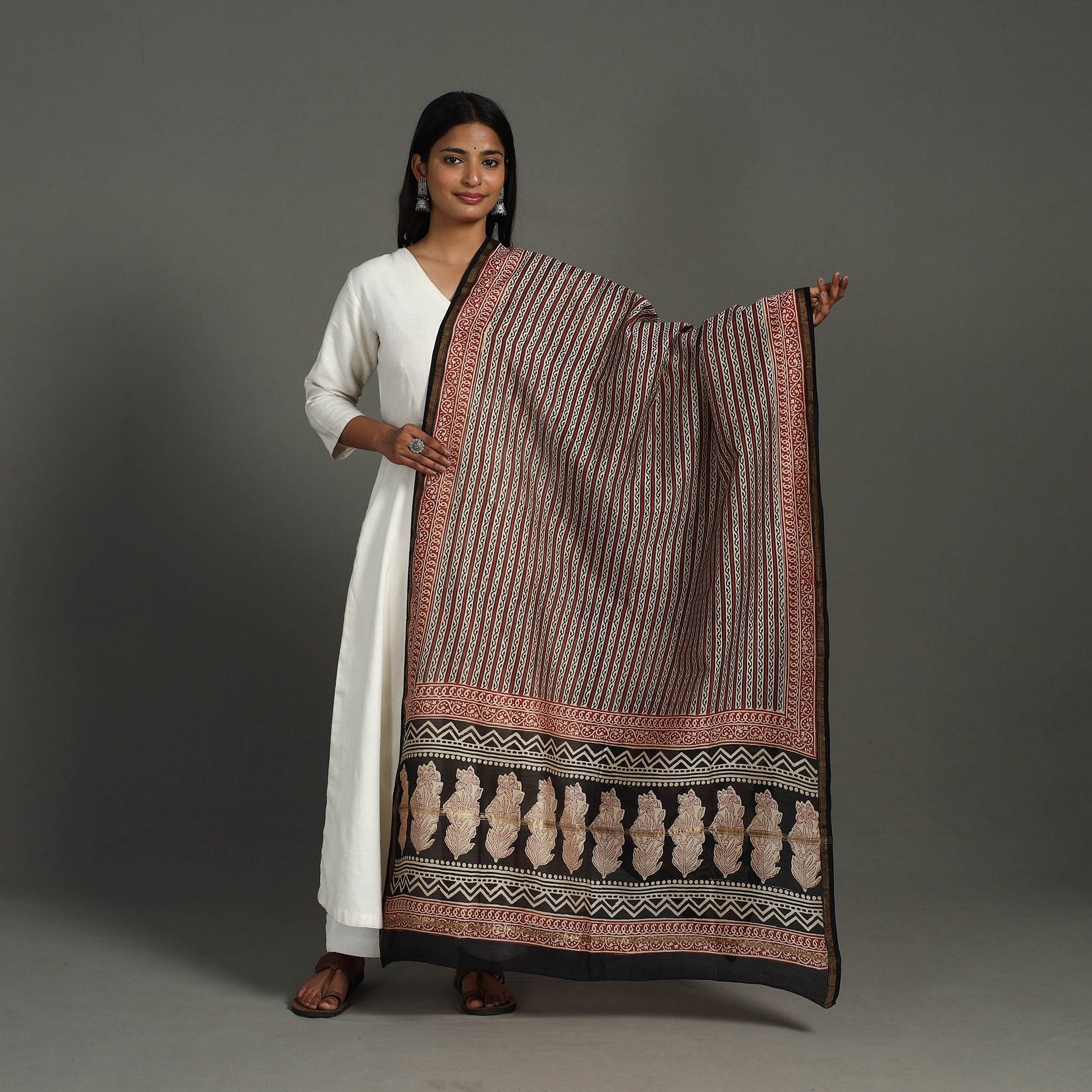 Brown - Block Print Chanderi Silk Bagru Dupatta 18