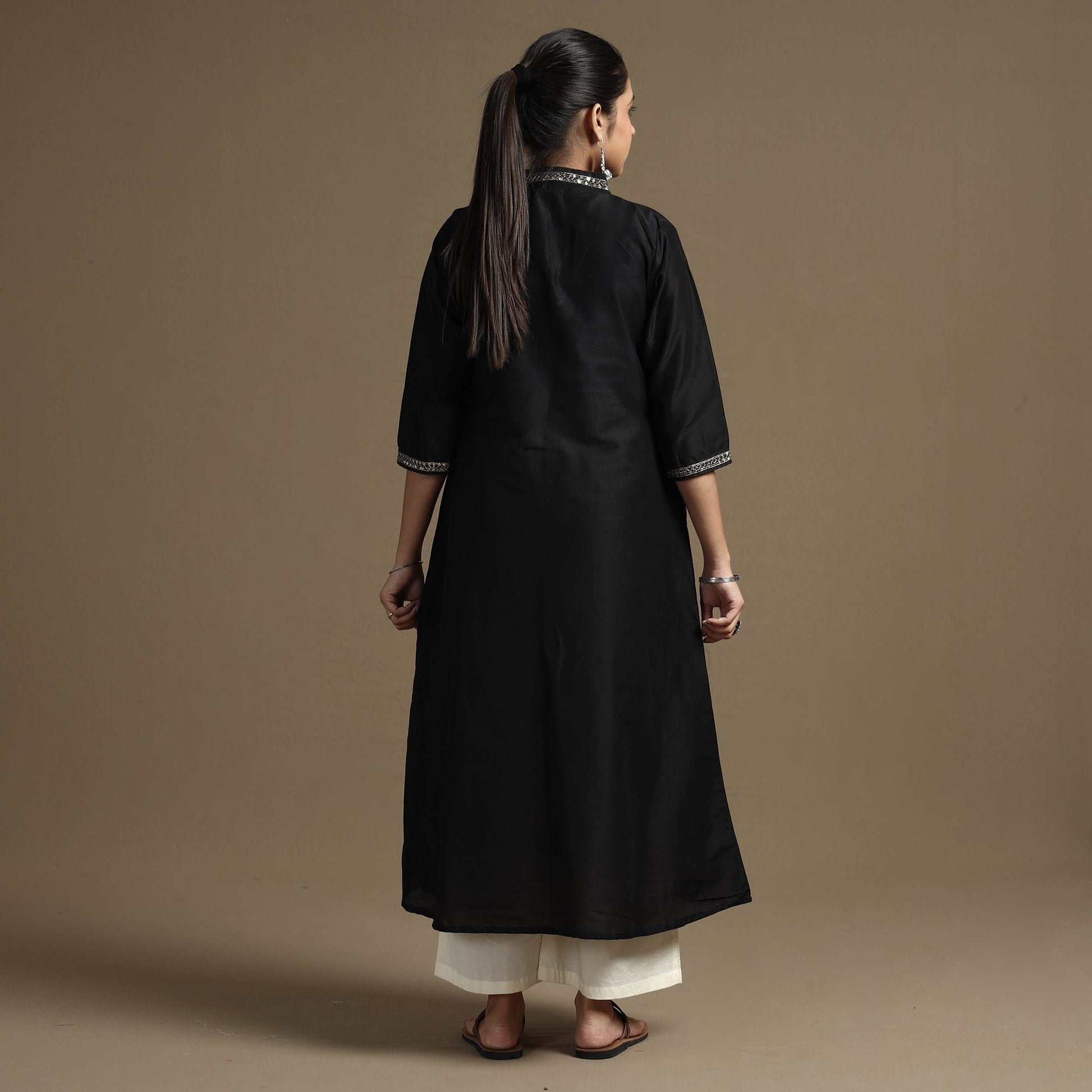 Black - Plain Solid Slub Silk A-Line Kurta with Beadwork Hand Embroidery Lace