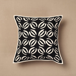 Black - Bakhiya Tanka Applique Work Cotton Cushion Cover (16 x 16 in)