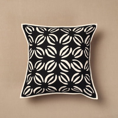 Black - Bakhiya Tanka Applique Work Cotton Cushion Cover (16 x 16 in)