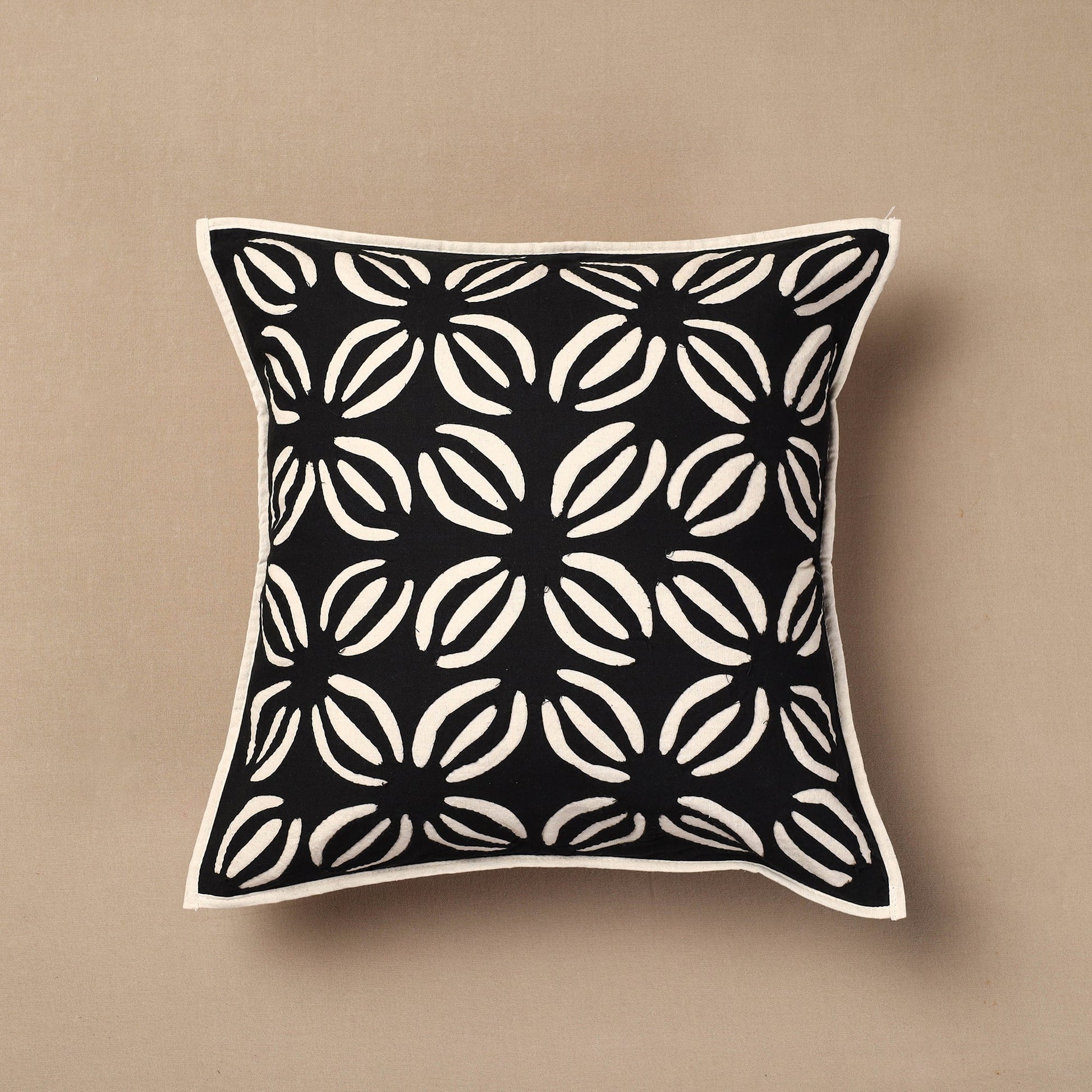 Black - Bakhiya Tanka Applique Work Cotton Cushion Cover (16 x 16 in)