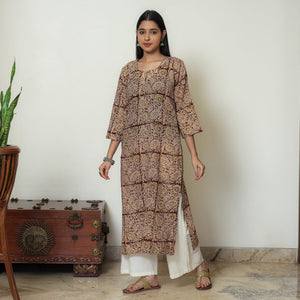 Beige - Kalamkari Hand Block Printed Mul Cotton Straight Kurta 07