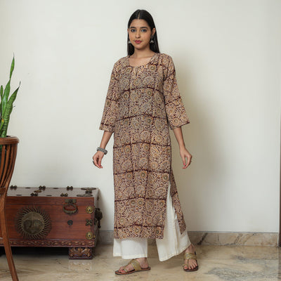 Beige - Kalamkari Hand Block Printed Mul Cotton Straight Kurta 07