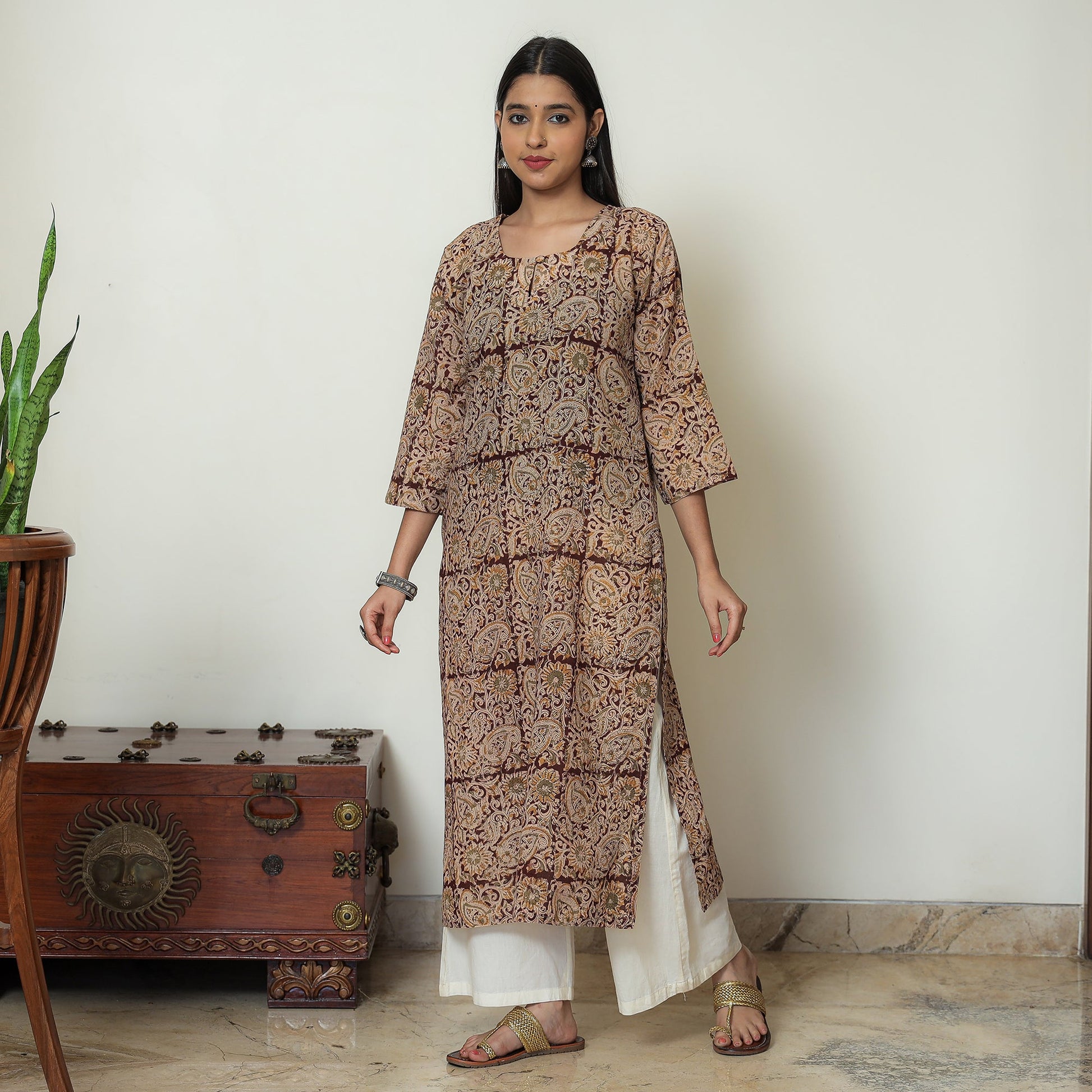 Beige - Kalamkari Hand Block Printed Mul Cotton Straight Kurta 07