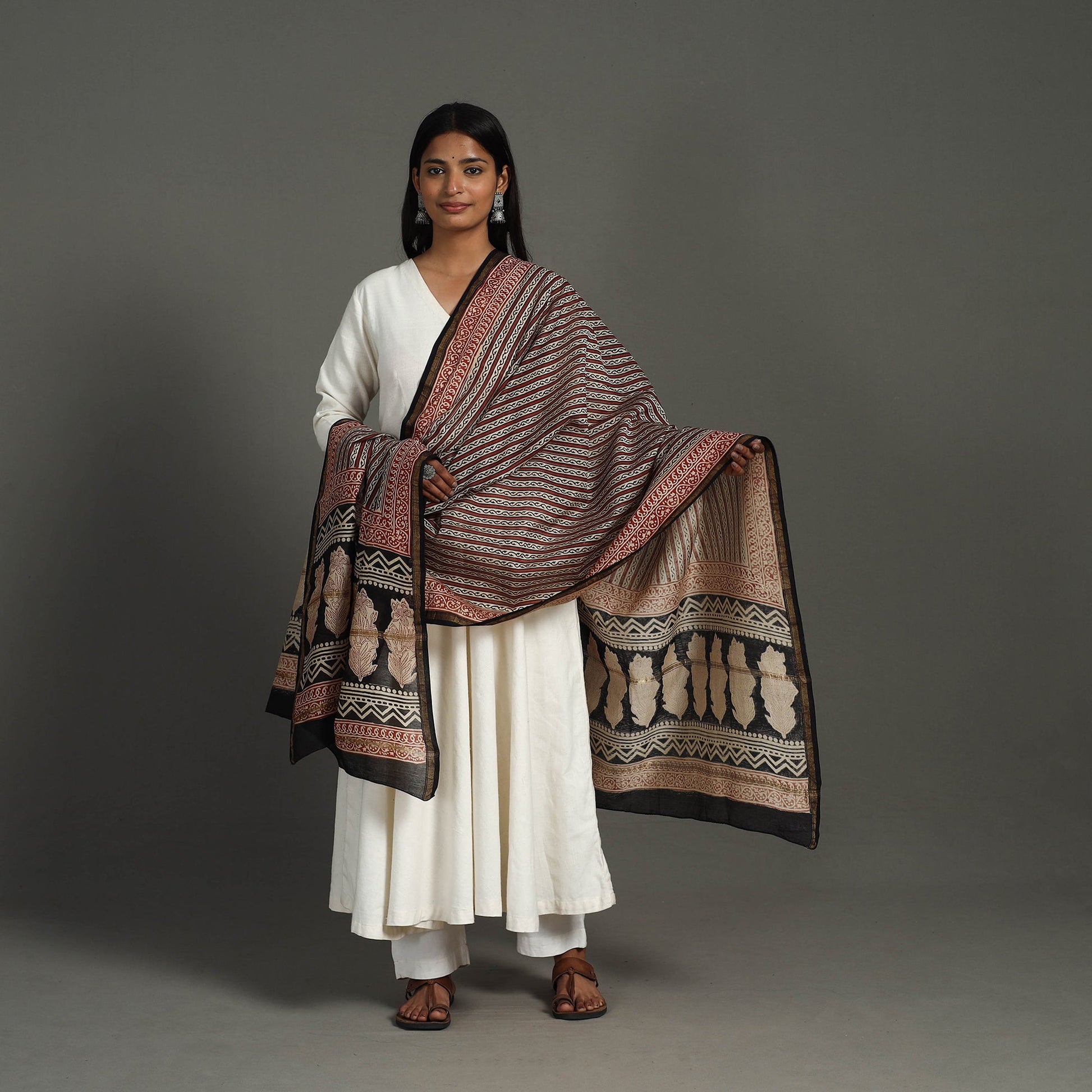 Brown - Block Print Chanderi Silk Bagru Dupatta 18