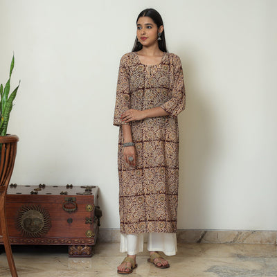 Beige - Kalamkari Hand Block Printed Mul Cotton Straight Kurta 07