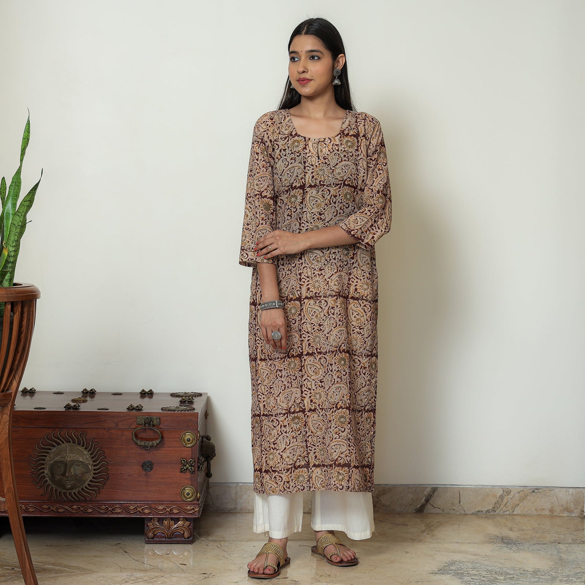 Beige - Kalamkari Hand Block Printed Mul Cotton Straight Kurta 07