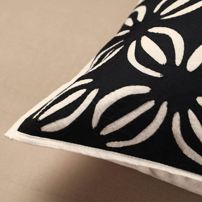 Black - Bakhiya Tanka Applique Work Cotton Cushion Cover (16 x 16 in)