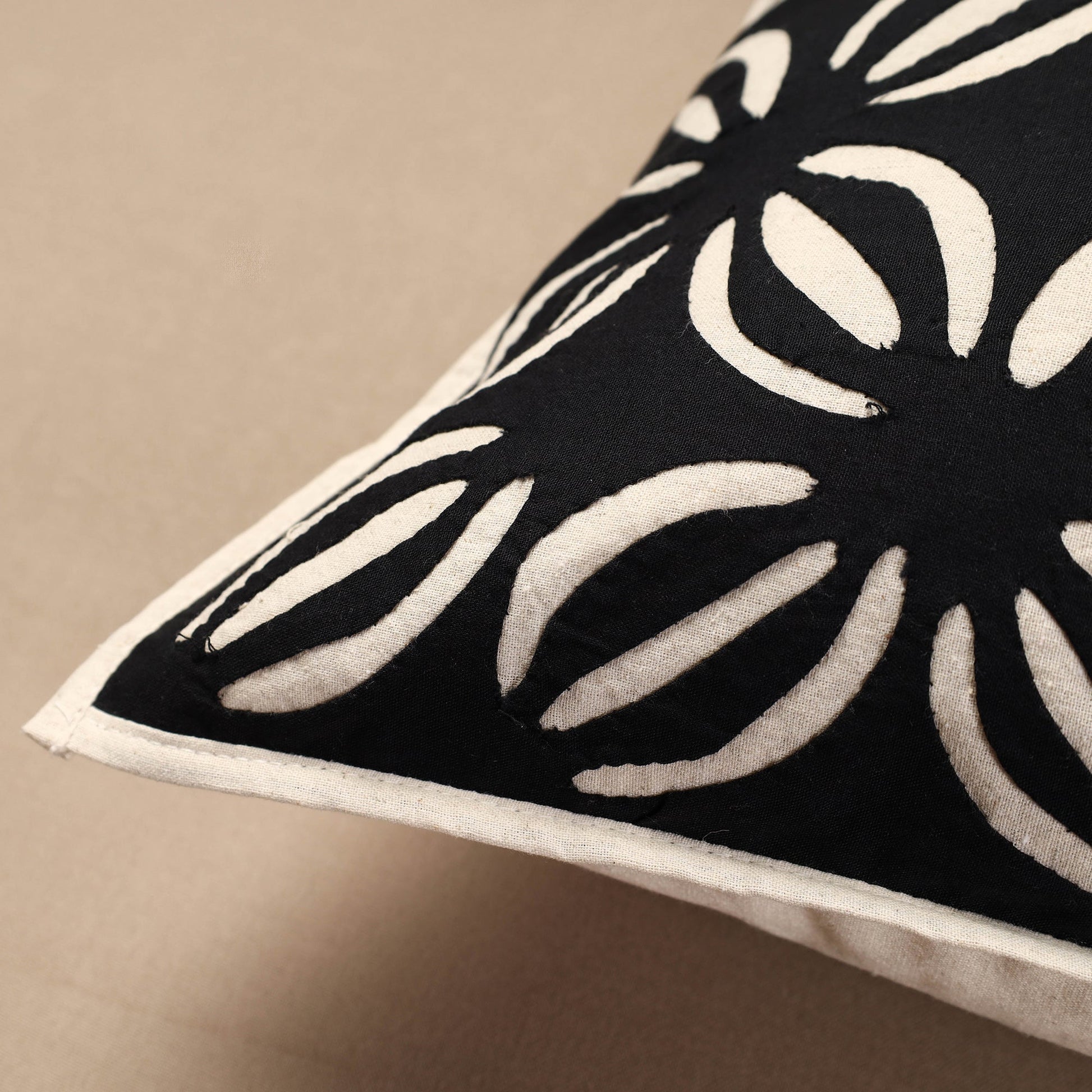 Black - Bakhiya Tanka Applique Work Cotton Cushion Cover (16 x 16 in)