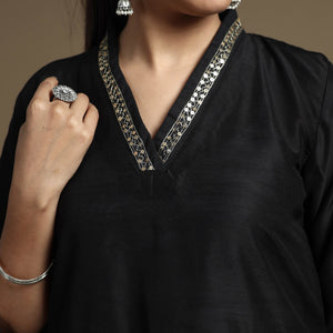 Black - Plain Solid Slub Silk A-Line Kurta with Beadwork Hand Embroidery Lace