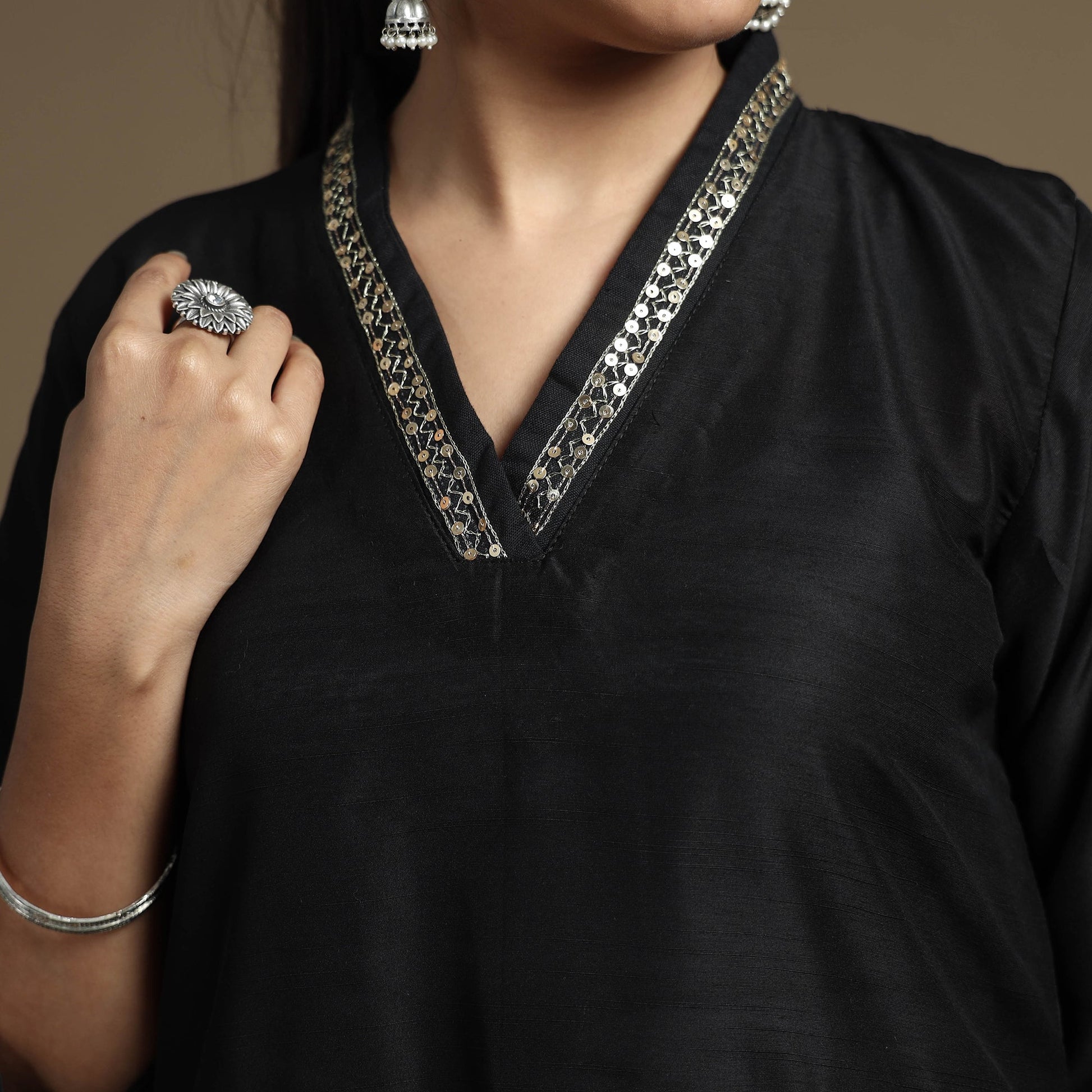 Black - Plain Solid Slub Silk A-Line Kurta with Beadwork Hand Embroidery Lace