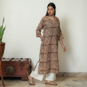 Beige - Kalamkari Hand Block Printed Mul Cotton Straight Kurta 07