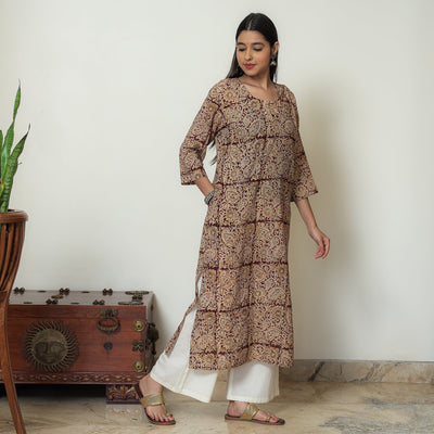 Beige - Kalamkari Hand Block Printed Mul Cotton Straight Kurta 07