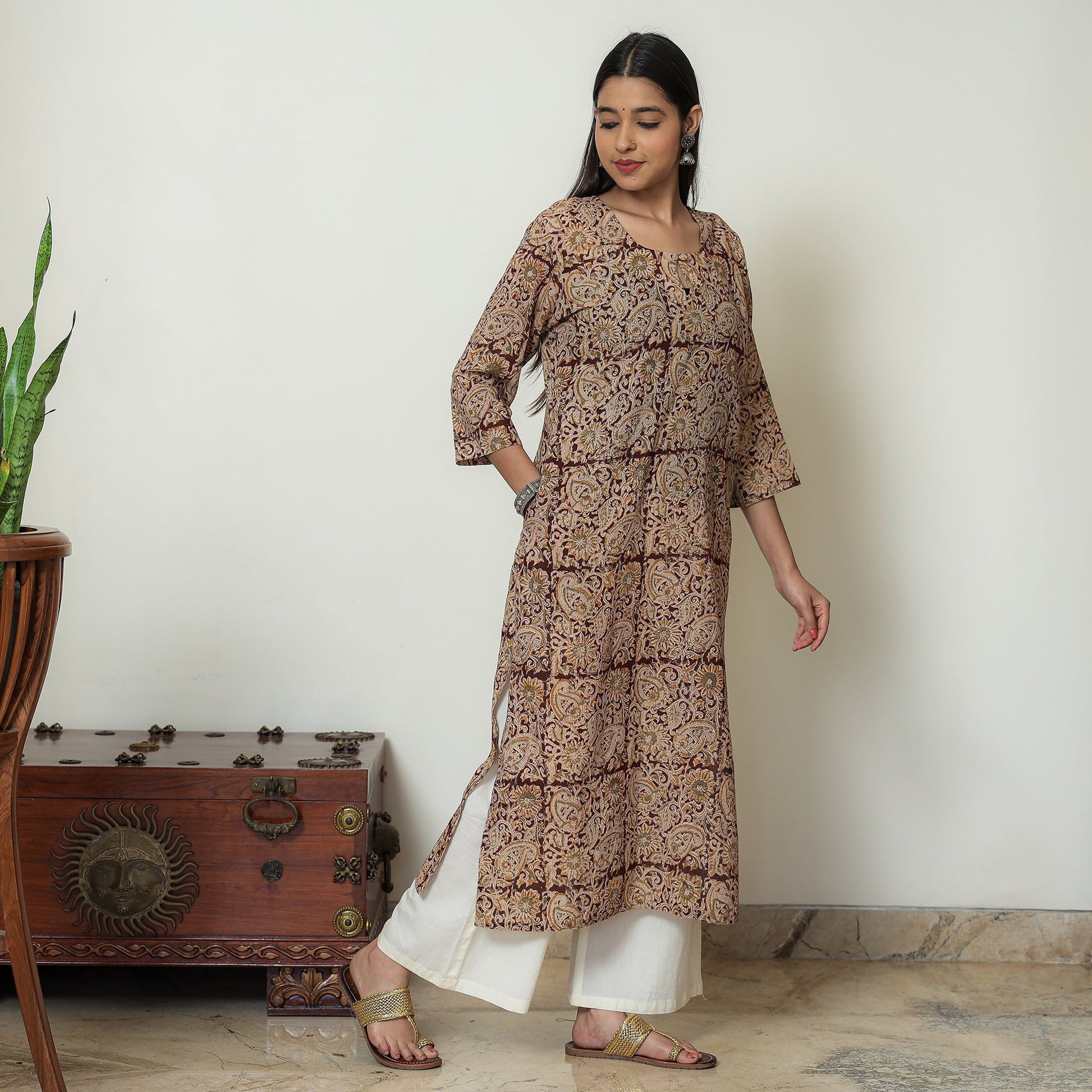 Beige - Kalamkari Hand Block Printed Mul Cotton Straight Kurta 07