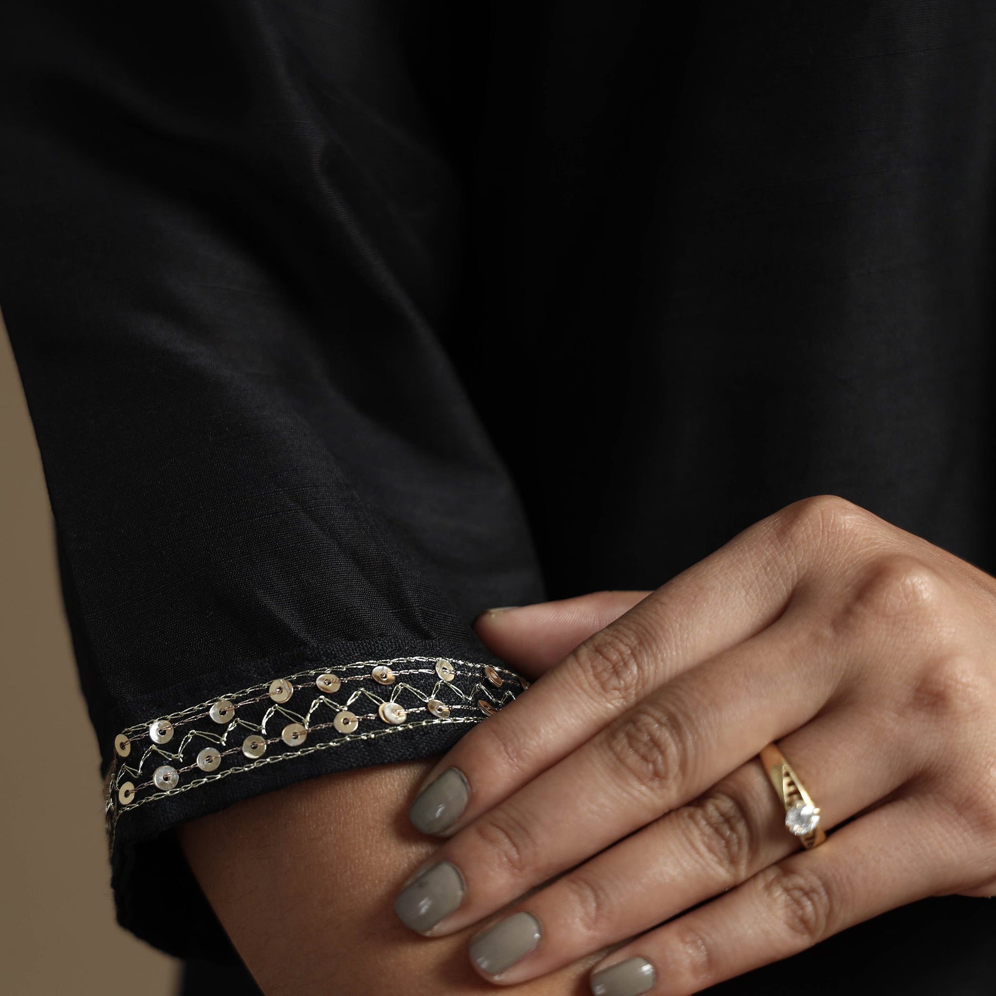 Black - Plain Solid Slub Silk A-Line Kurta with Beadwork Hand Embroidery Lace