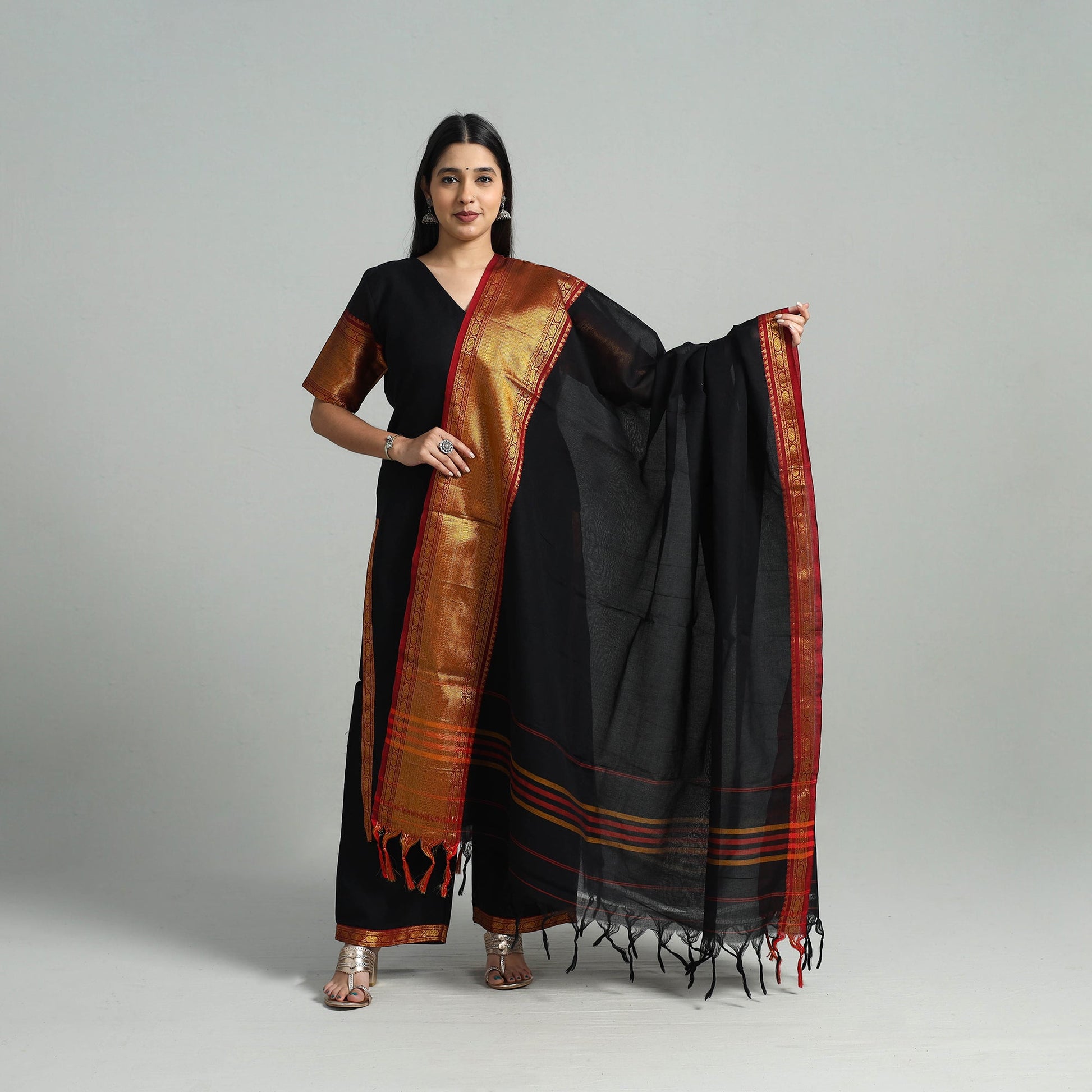 Black - Cotton Dharwad Kurta Set with Palazzo & Dupatta 23