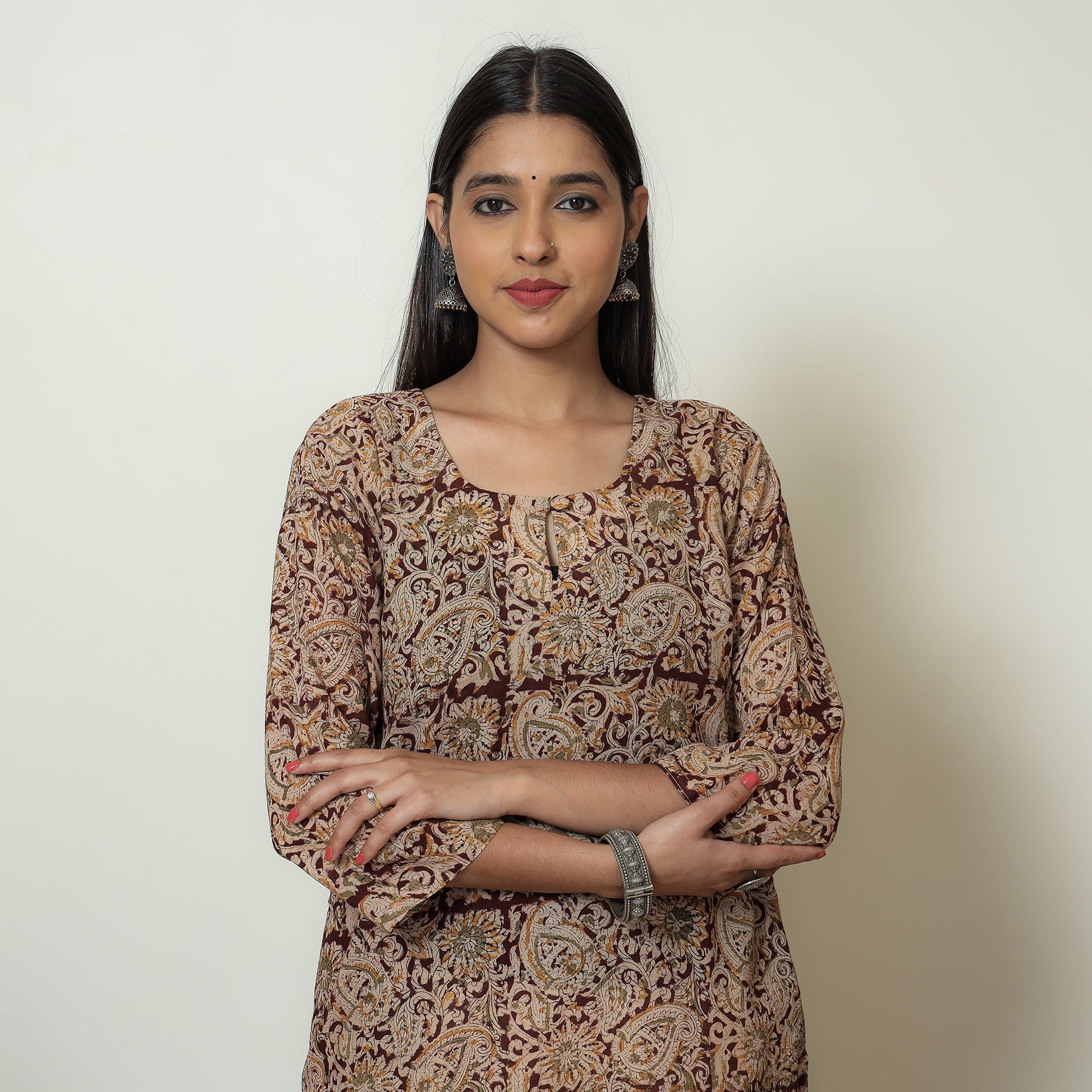 Beige - Kalamkari Hand Block Printed Mul Cotton Straight Kurta 07