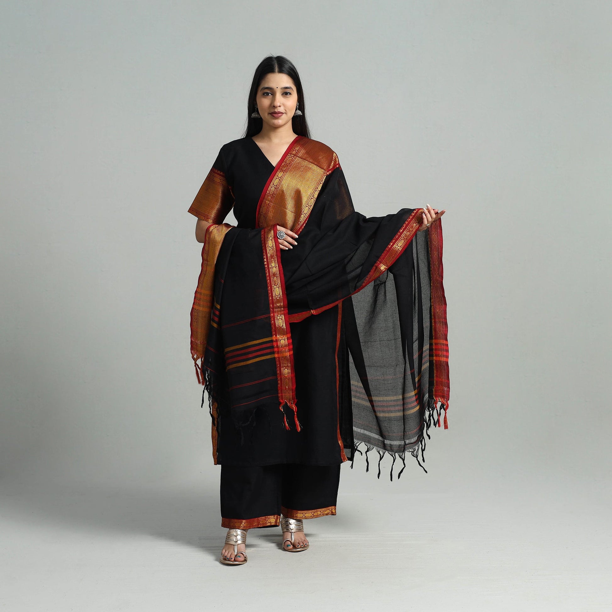 Black - Cotton Dharwad Kurta Set with Palazzo & Dupatta 23