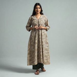 Beige - Pedana Kalamkari Block Printed Cotton Kurta with Palazzo Set