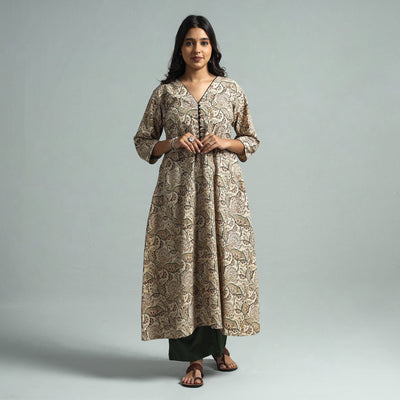 Beige - Pedana Kalamkari Block Printed Cotton Kurta with Palazzo Set