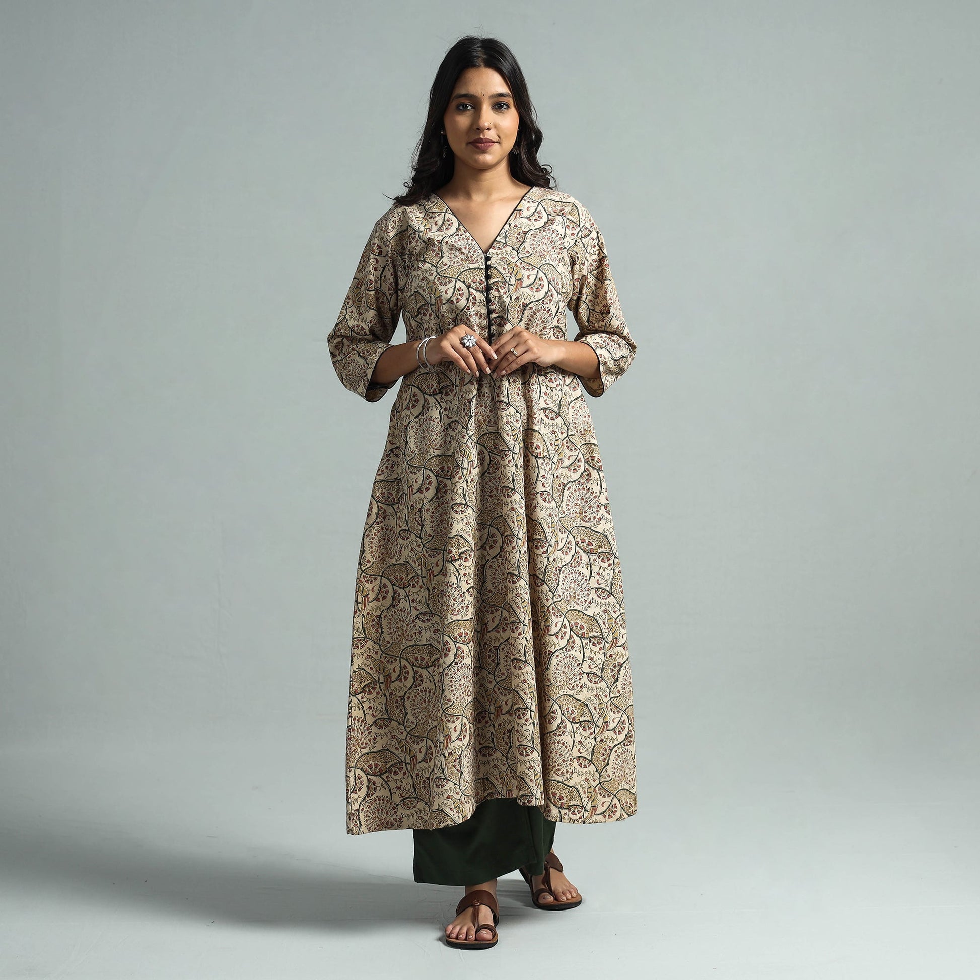 Beige - Pedana Kalamkari Block Printed Cotton Kurta with Palazzo Set