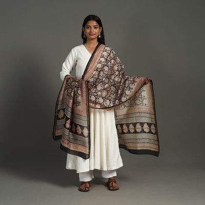 Black - Block Print Chanderi Silk Bagru Dupatta 20
