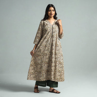 Beige - Pedana Kalamkari Block Printed Cotton Kurta with Palazzo Set