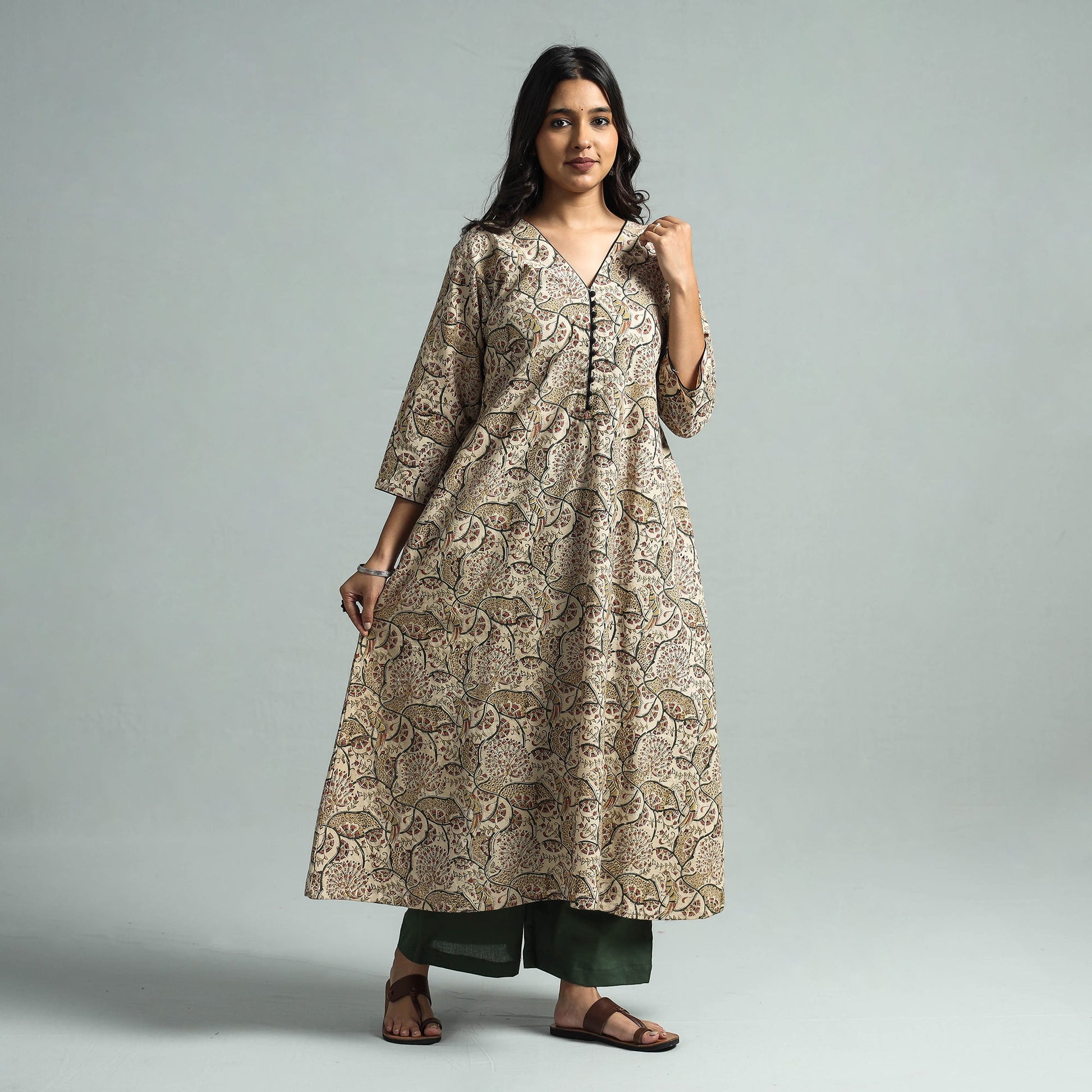 Beige - Pedana Kalamkari Block Printed Cotton Kurta with Palazzo Set