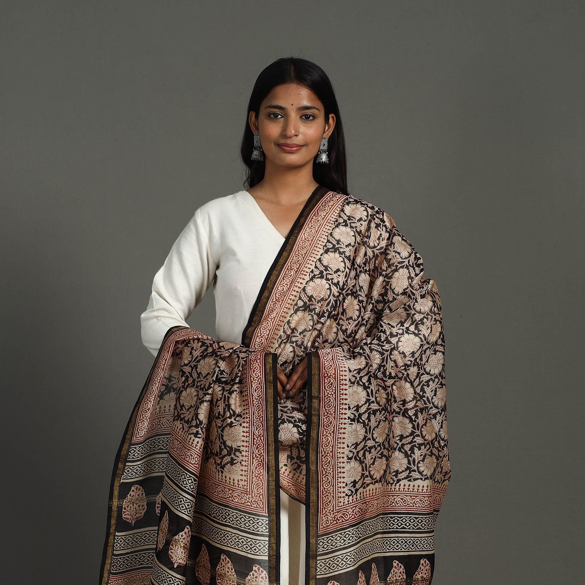 Black - Block Print Chanderi Silk Bagru Dupatta 20