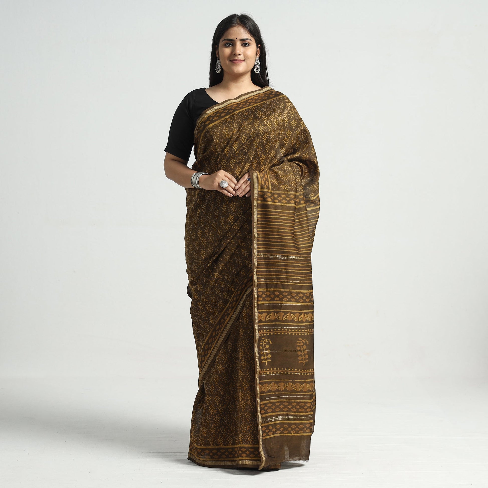 Brown - Akola Hand Block Printed Chanderi Silk Saree with Zari Border