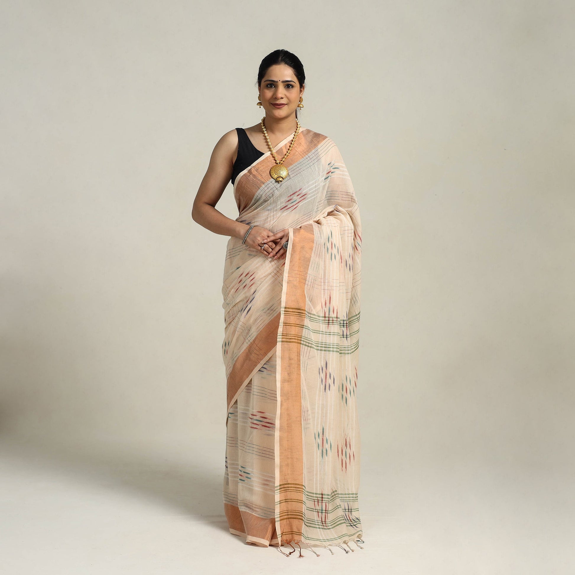 Beige - Phulia Handloom Cotton Saree with Zari Border  05