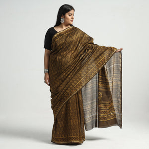 Brown - Akola Hand Block Printed Chanderi Silk Saree with Zari Border